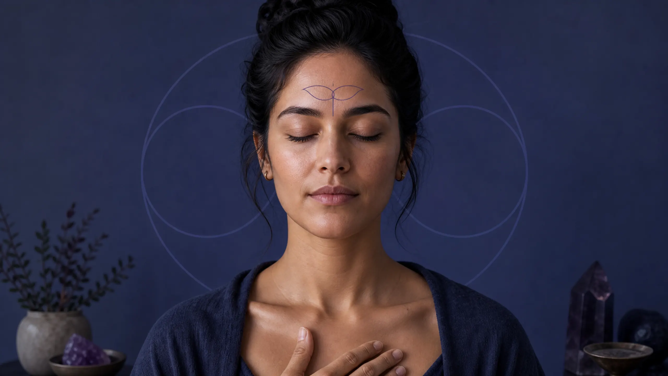 Calm close portrait with eyes closed and a restrained indigo two-petal shape at the brow