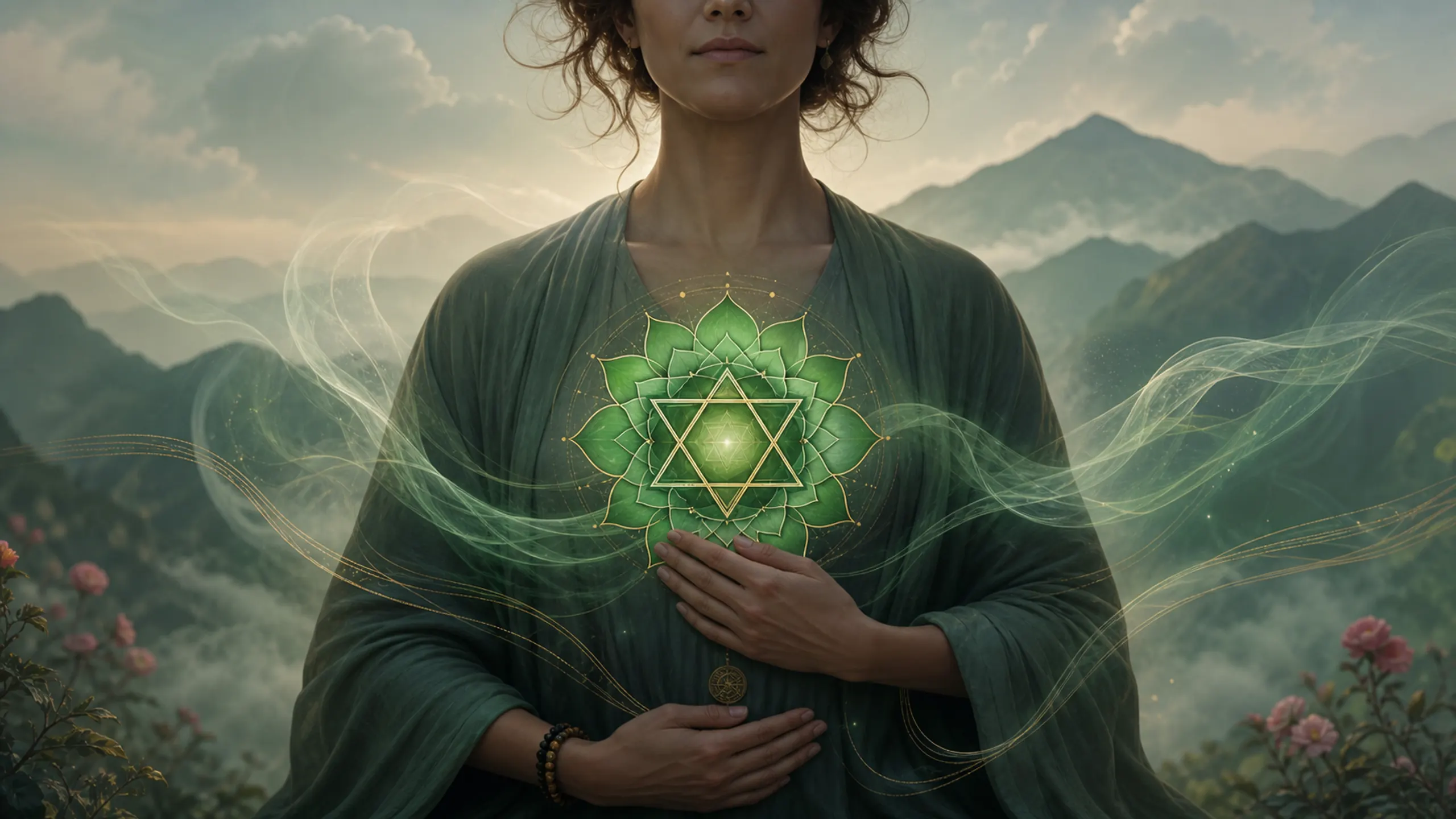 Green heart-center lotus with interlaced triangles and soft air-like currents