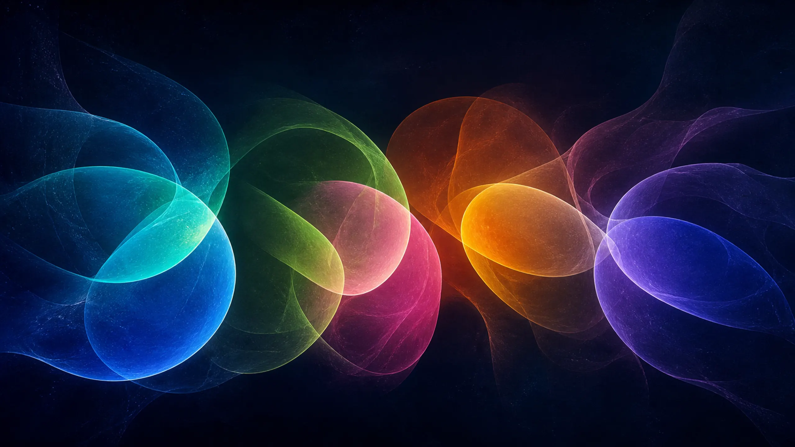 Overlapping translucent teal, green, pink, orange, gold, indigo, and violet light fields