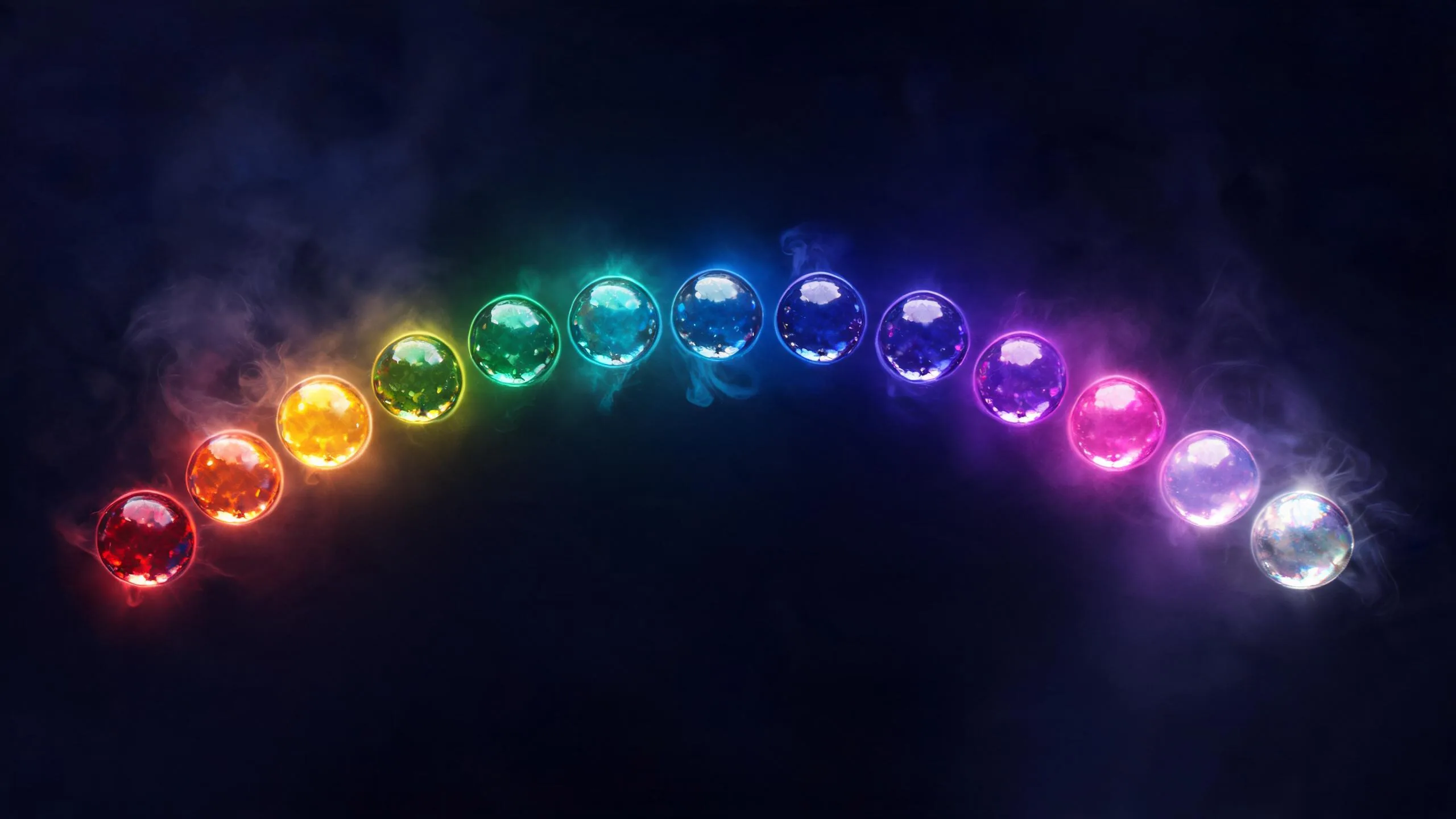 Twelve luminous aura color orbs arranged like a refined spiritual color chart
