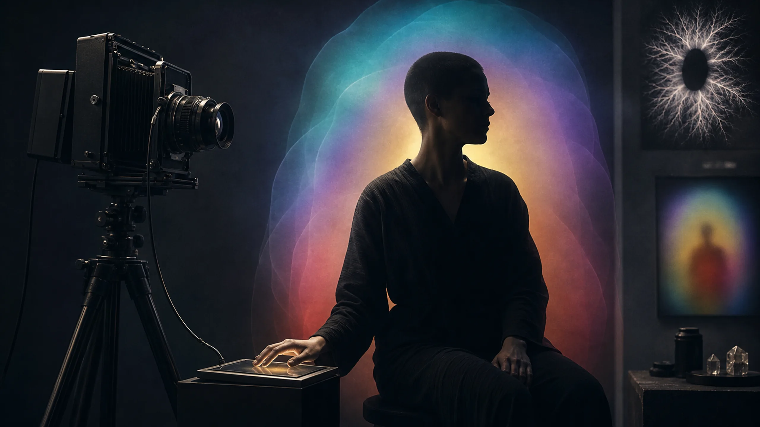 Aura photography studio with a portrait camera, hand sensor, luminous color overlay, and a separate corona-discharge image