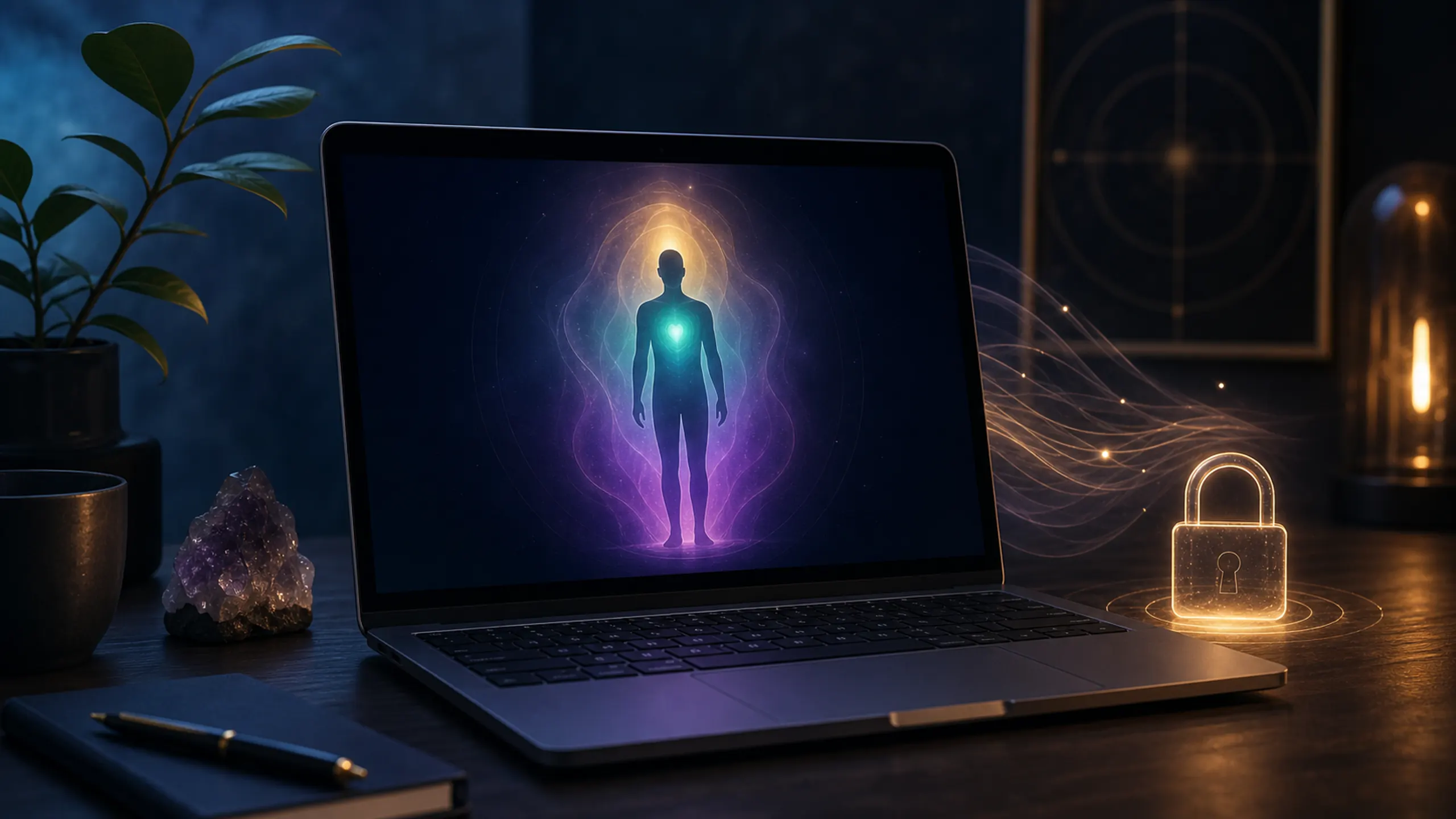 Laptop displaying a symbolic aura silhouette beside a glowing privacy lock