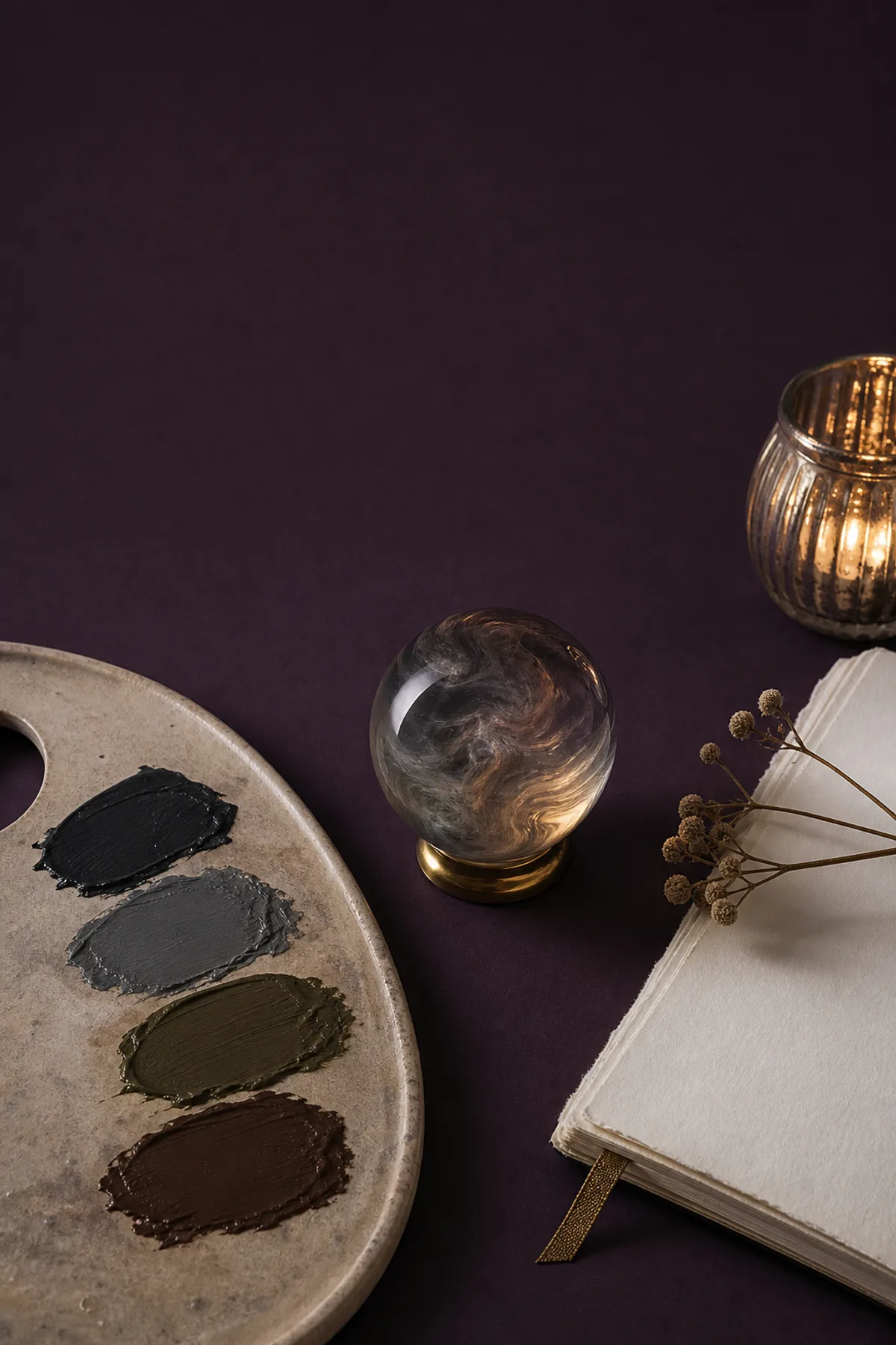 Dark aura color paint swatches beside a reflective journal