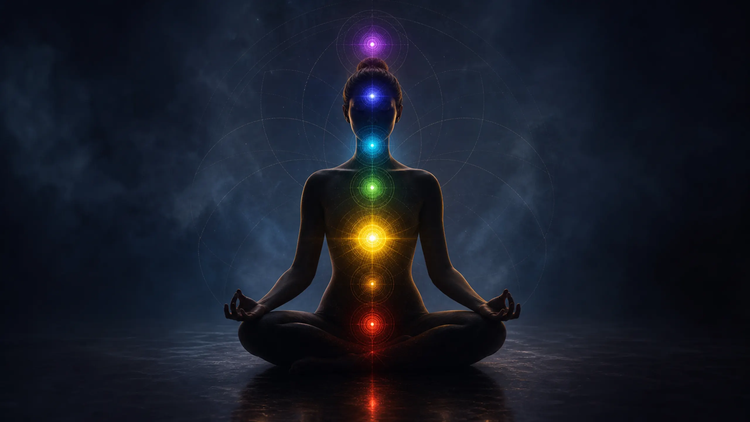 Seven chakra lights on a seated figure with one center overly bright and another visibly dim