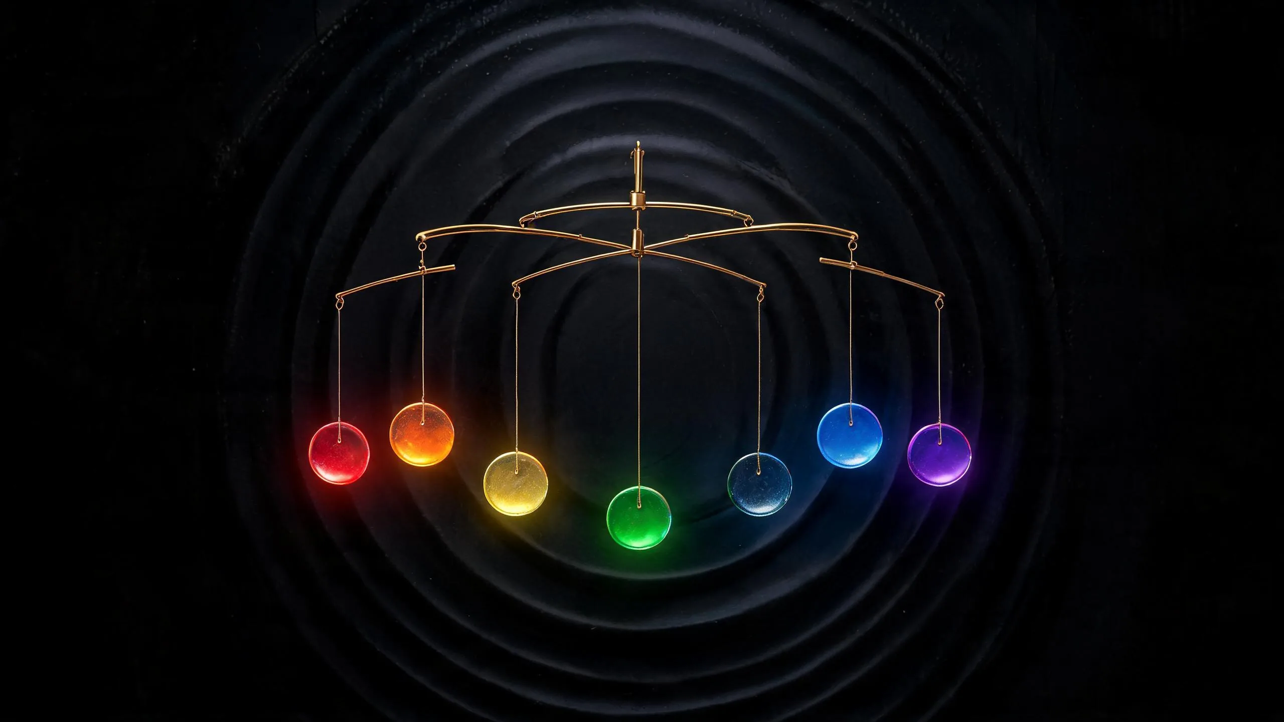 Seven colored glass discs suspended on a brass balance mobile