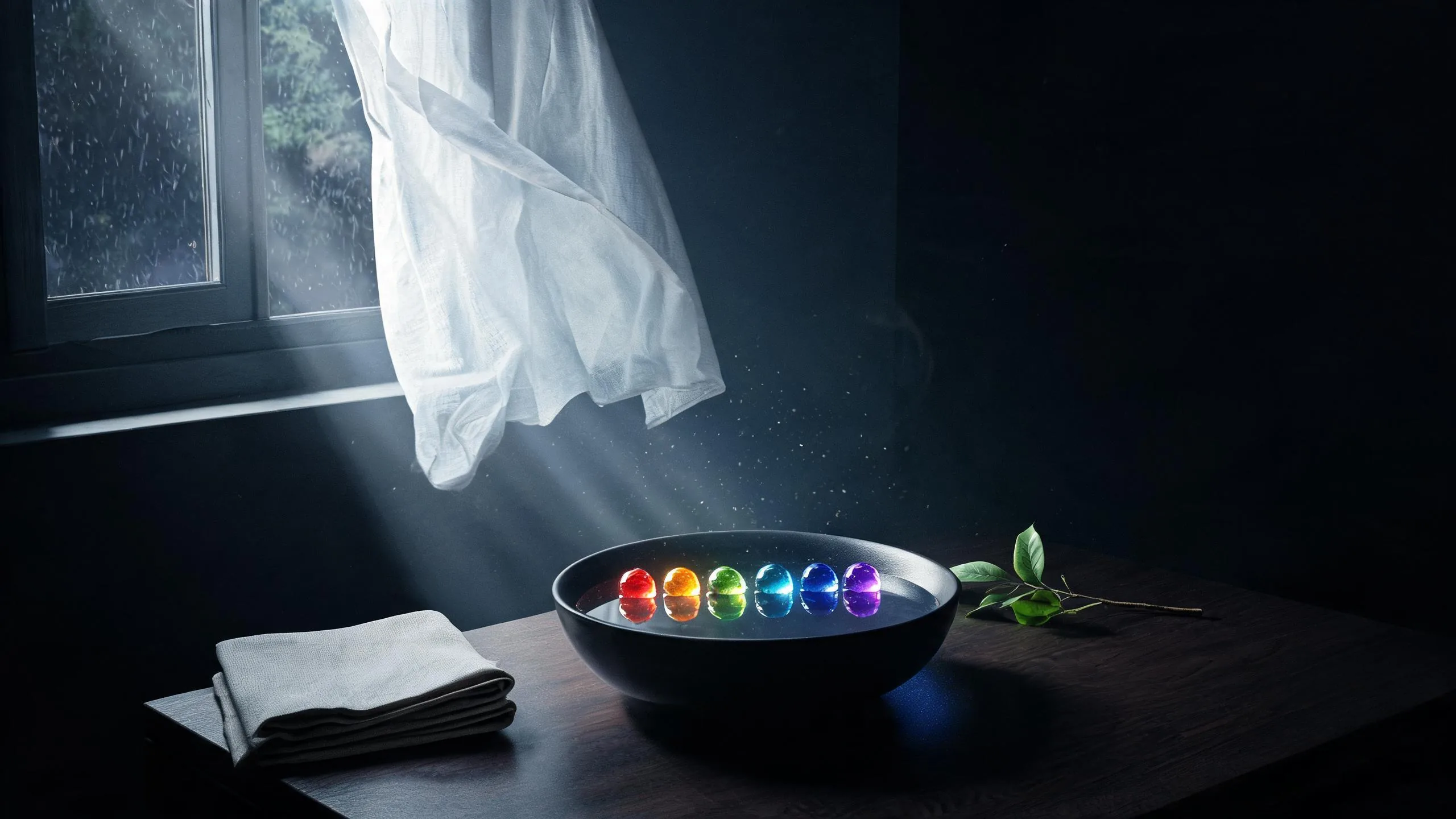 Open rainy window above seven colored glass stones reflected in a bowl of water