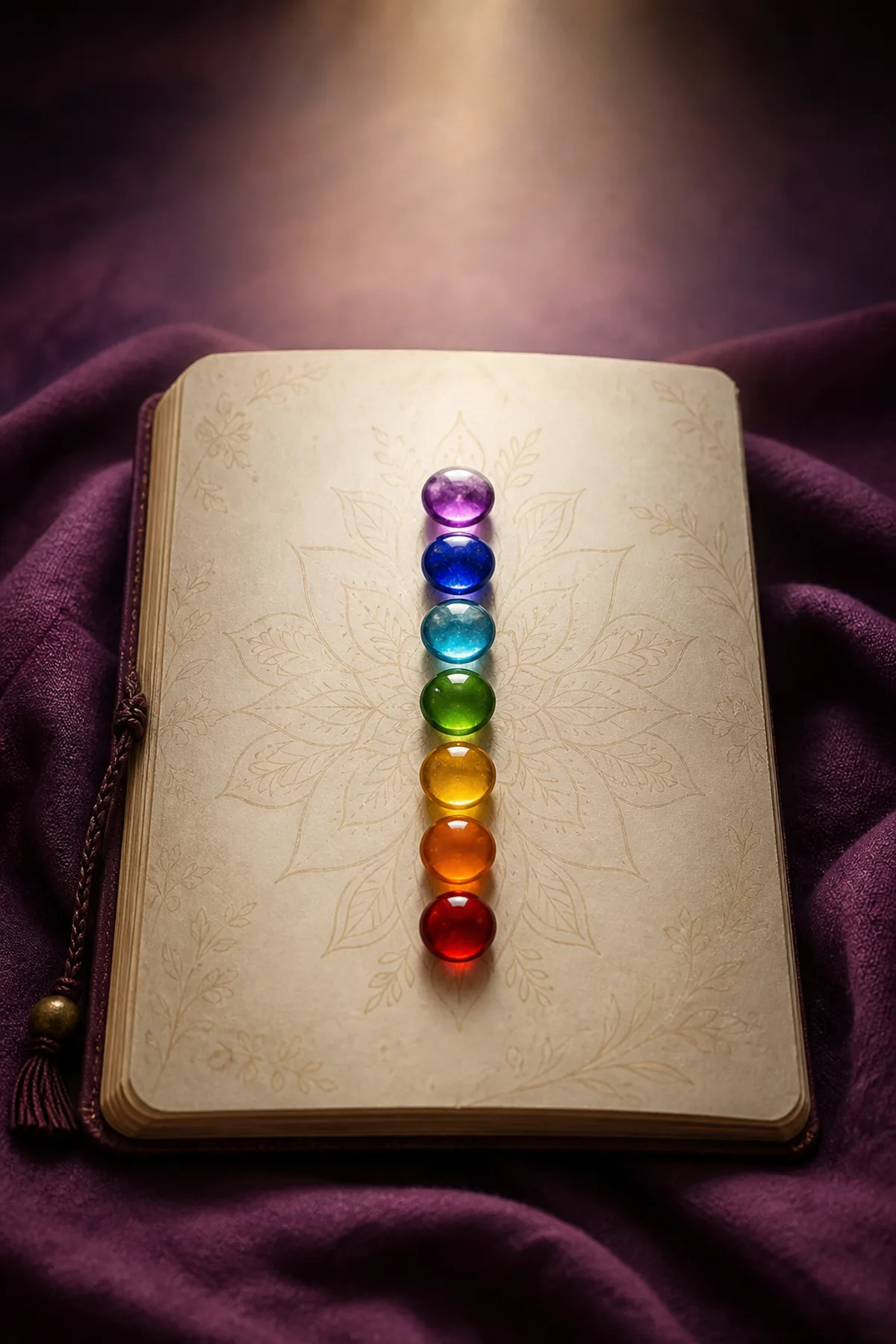 Seven colored glass stones arranged on a journal