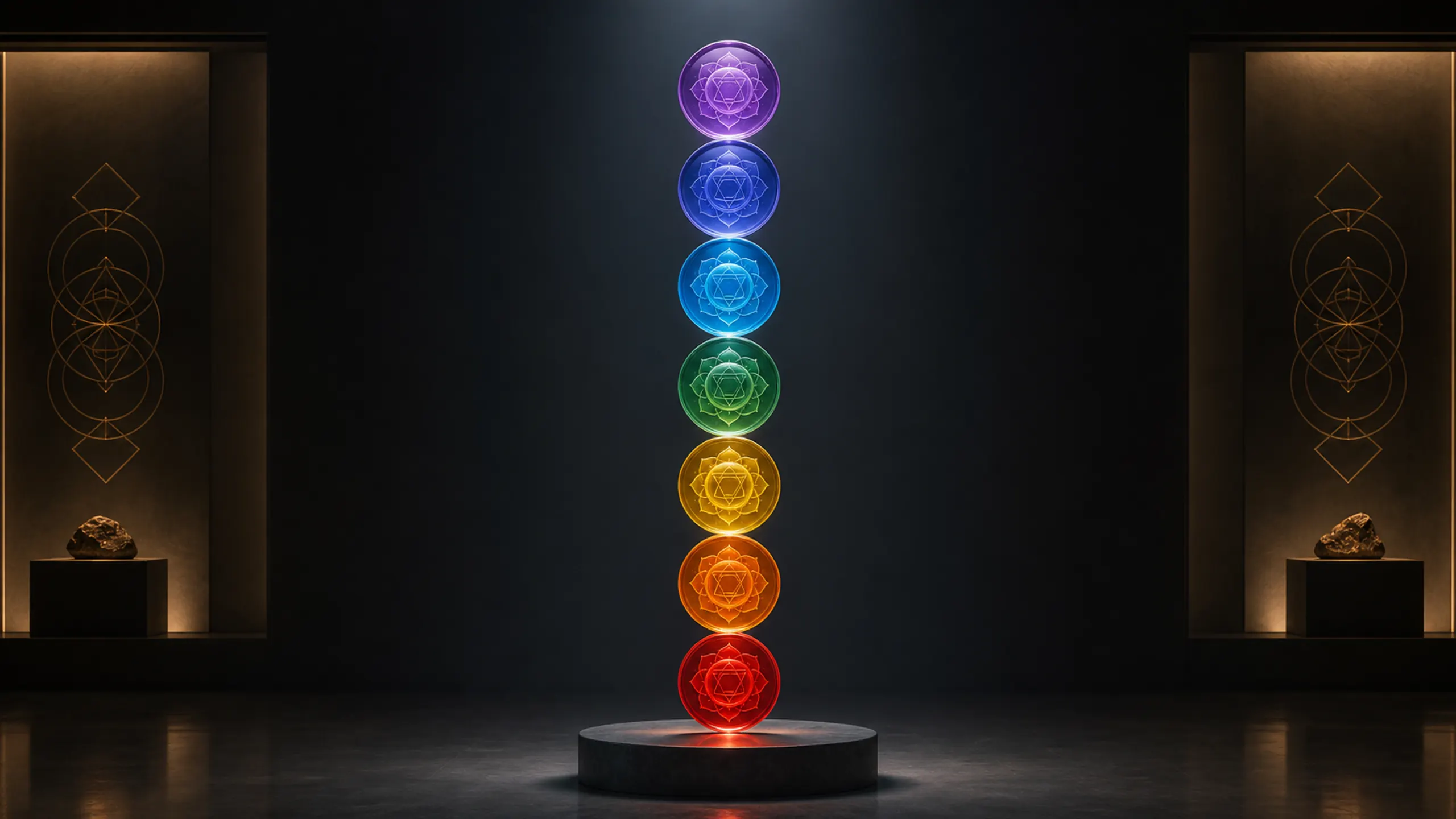 Seven luminous glass chakra discs arranged from red at the base to violet at the top