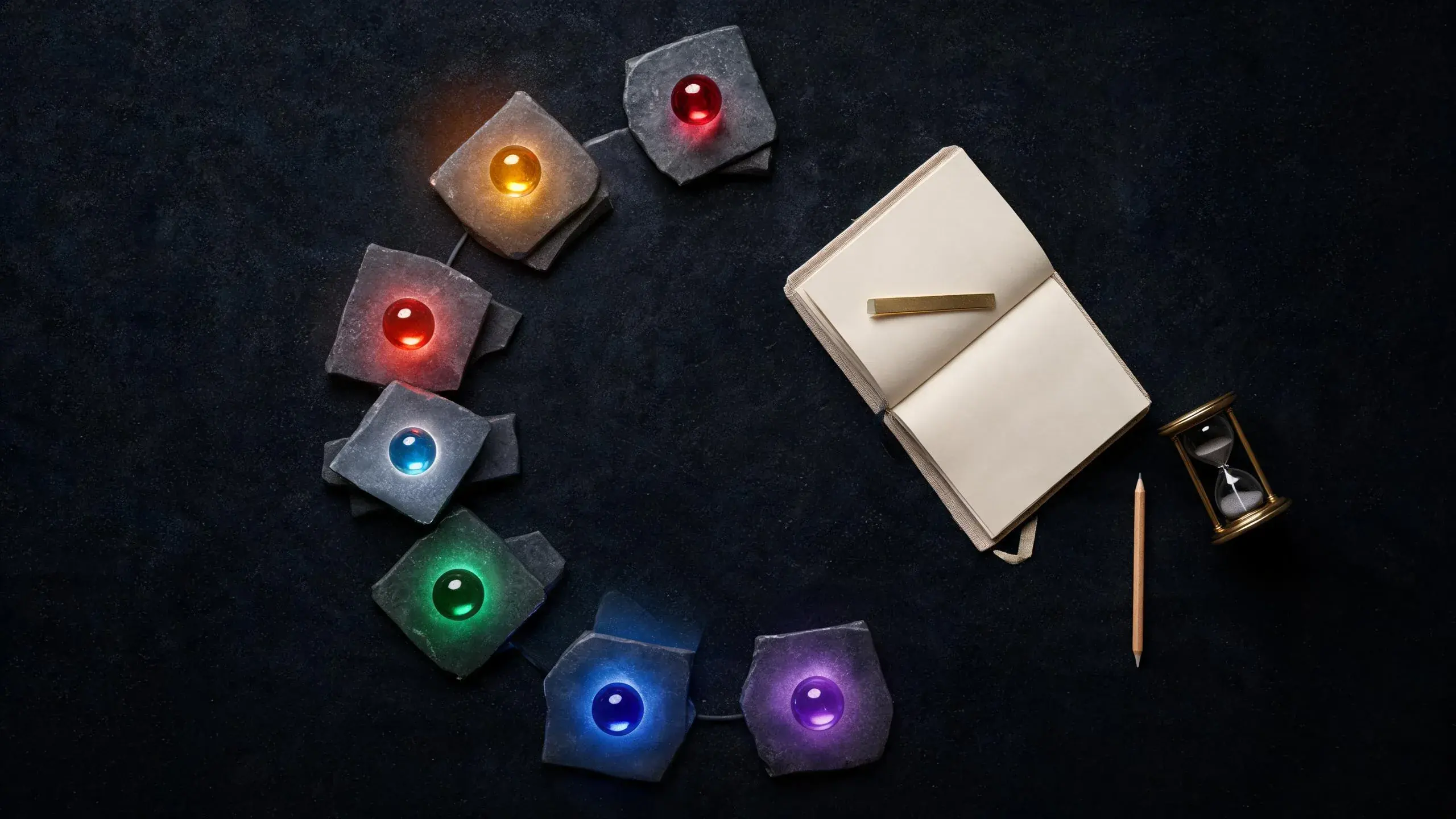 Seven colored ritual stones forming a weekly path beside an open journal and hourglass