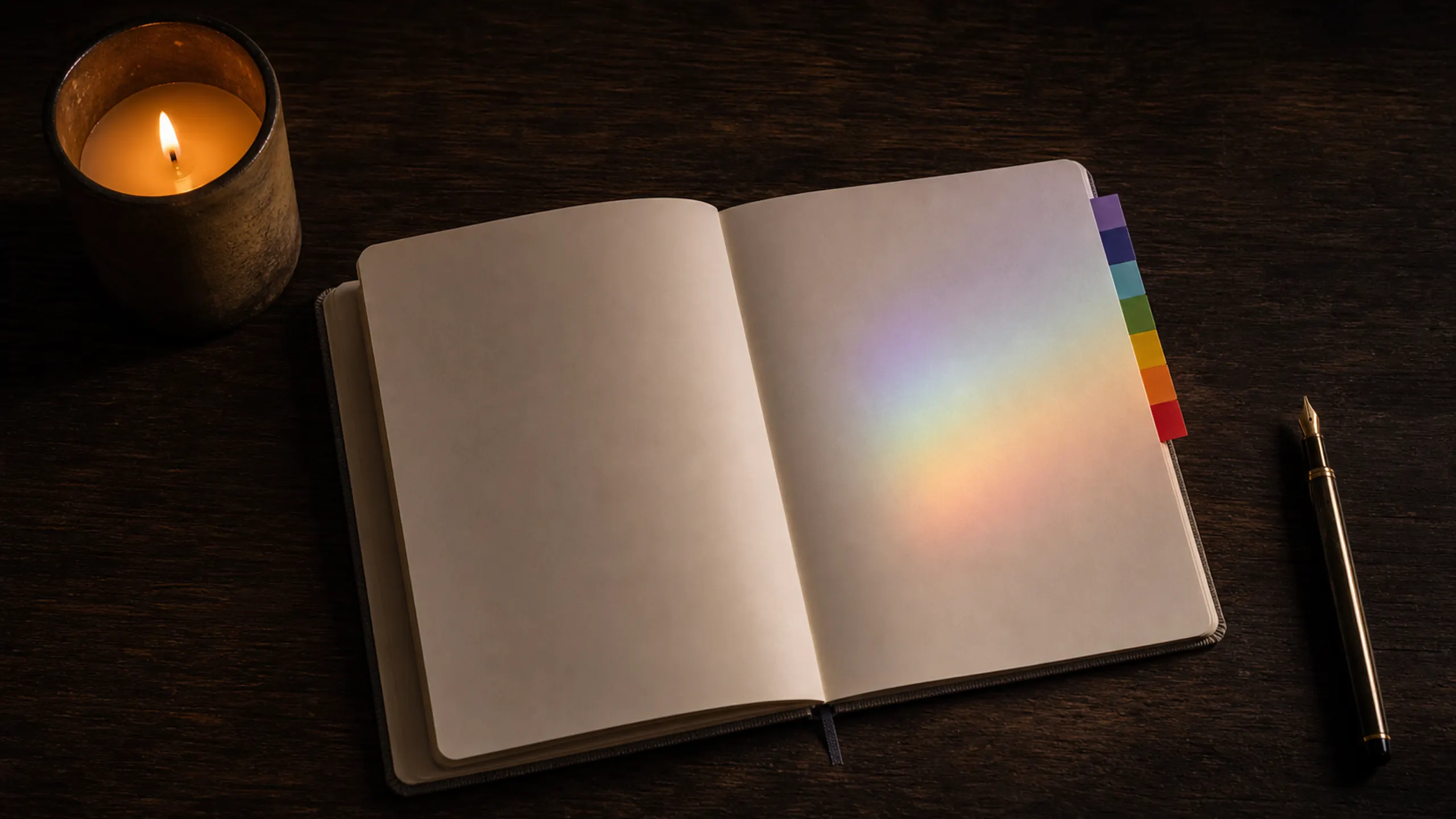 Open blank journal with seven colored page markers, a fountain pen, and warm candlelight