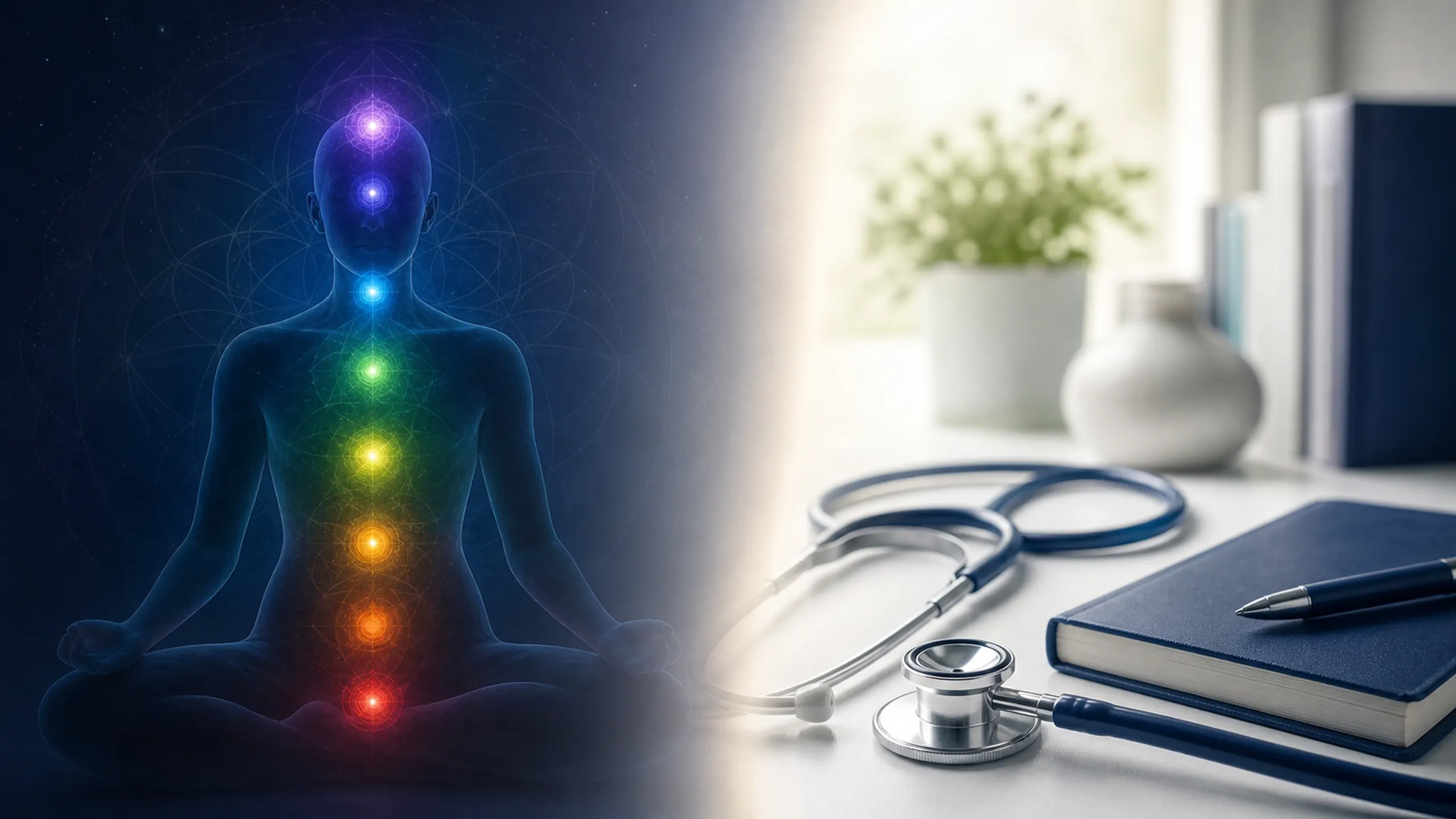 Symbolic chakra figure separated from a bright clinical desk with a stethoscope and notebook