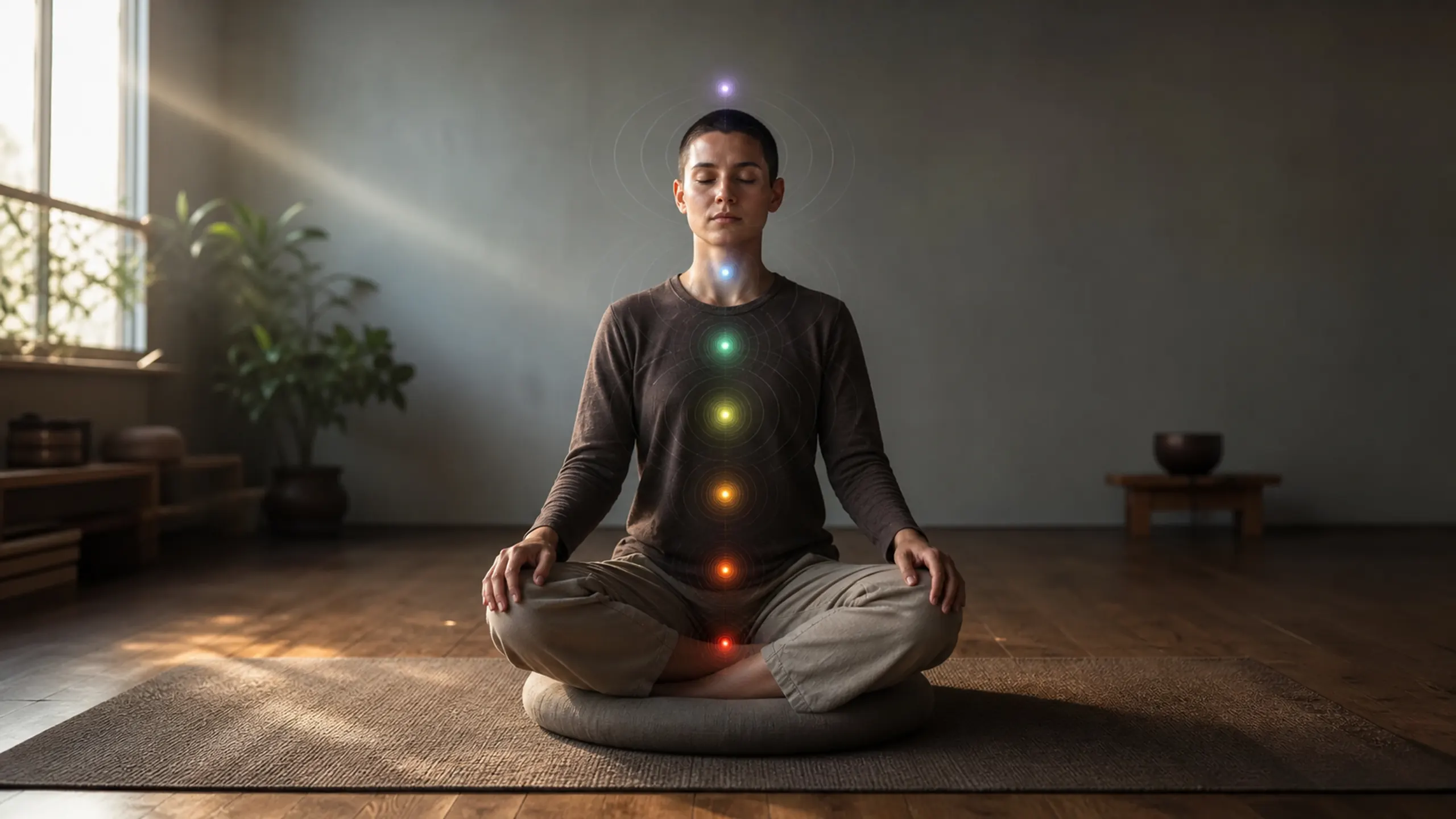 Beginner seated comfortably in a quiet room with seven restrained chakra lights