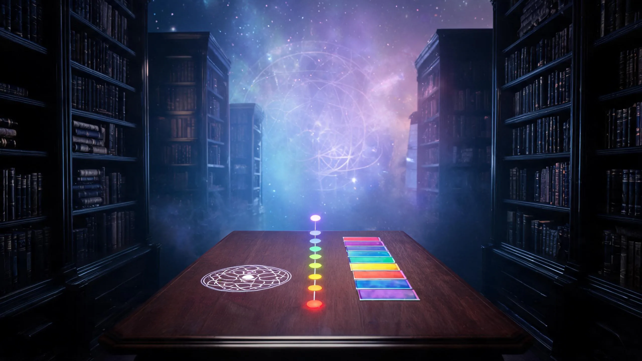 A quiet mystical library with glowing aura color cards and chakra diagrams