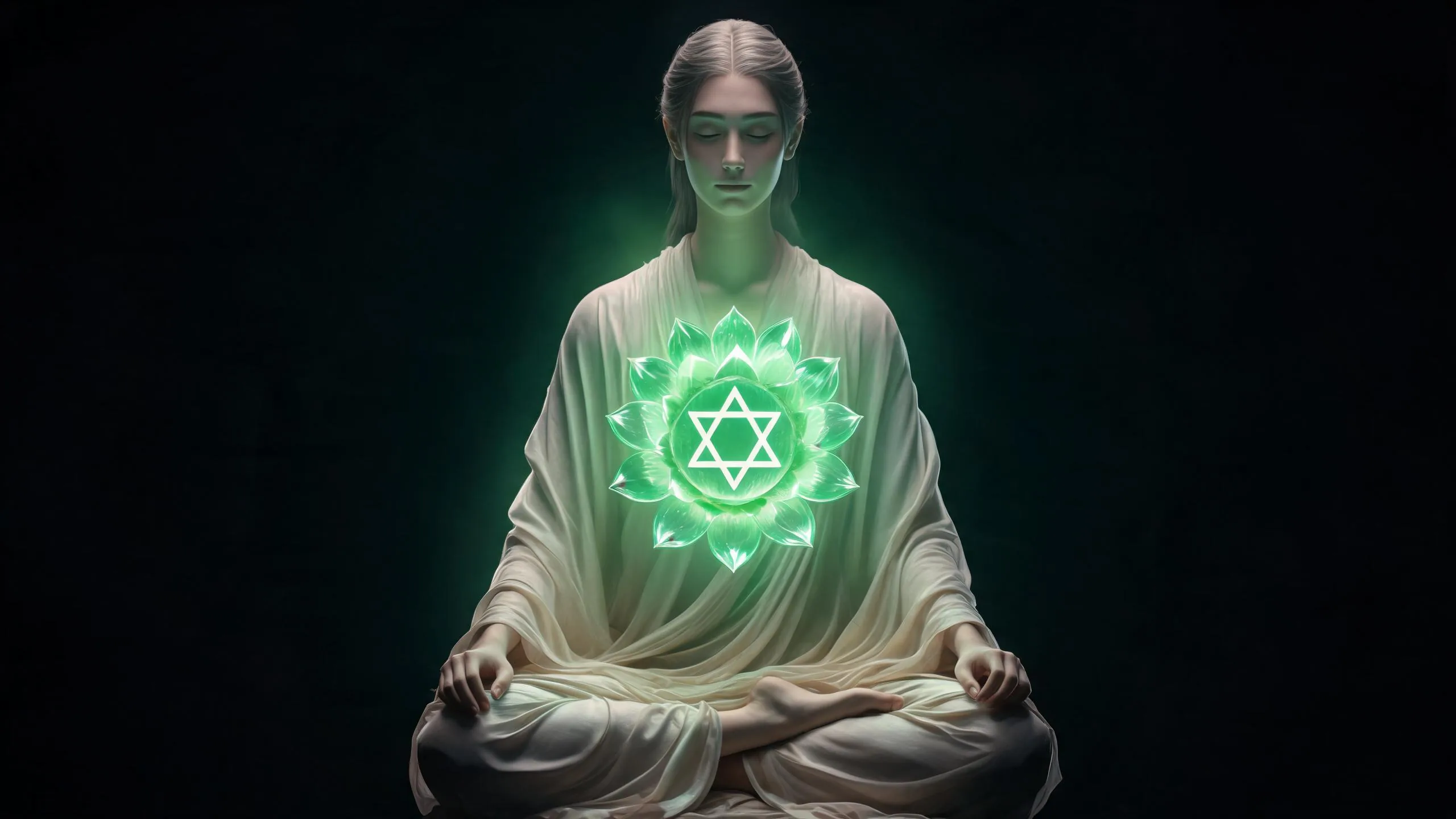 Heart chakra Anahata symbol glowing green in a calm chest-centered meditation scene