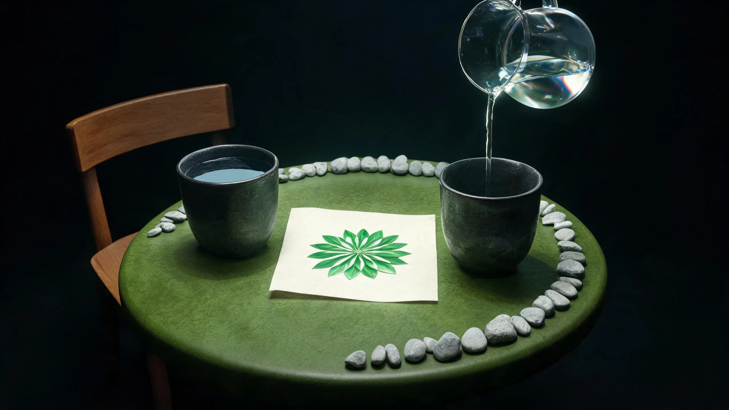 Two ceramic cups, pouring water, green lotus artwork, and a boundary of stones