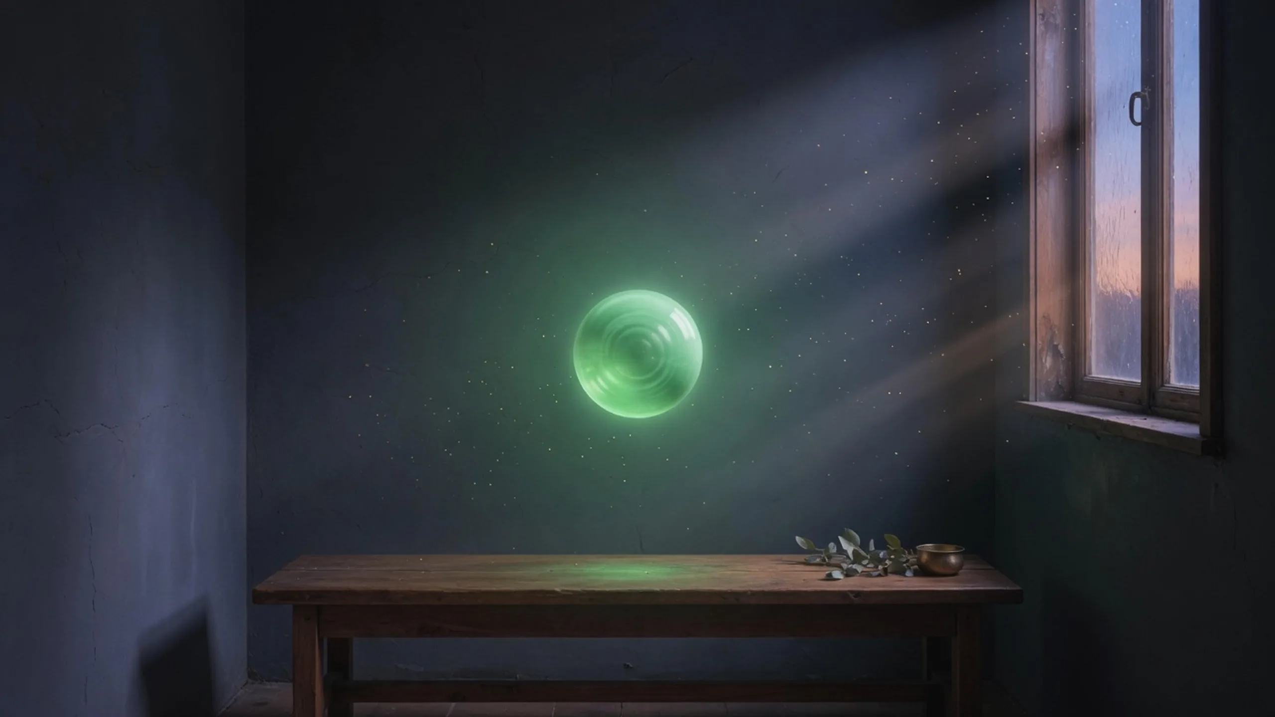 A soft green light hovering at chest height above an empty wooden bench