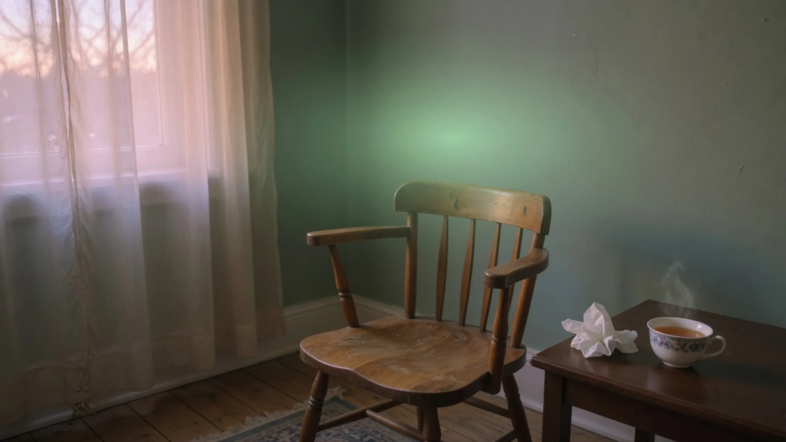 Empty wooden chair in a quiet green-walled room with tea, a tissue, and a soft chest-height glow