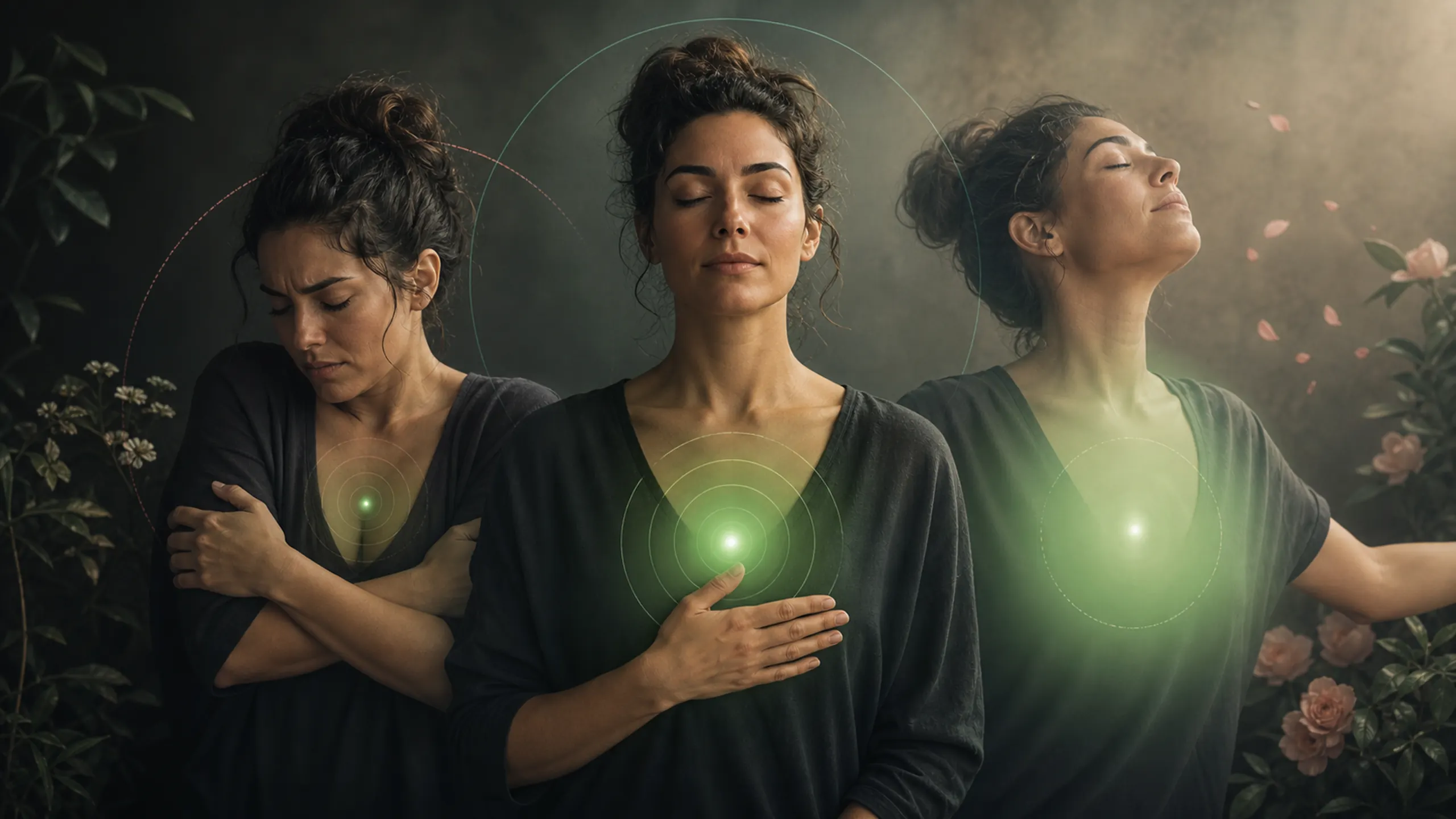 Three heart-center states showing guarded, balanced, and diffuse green light