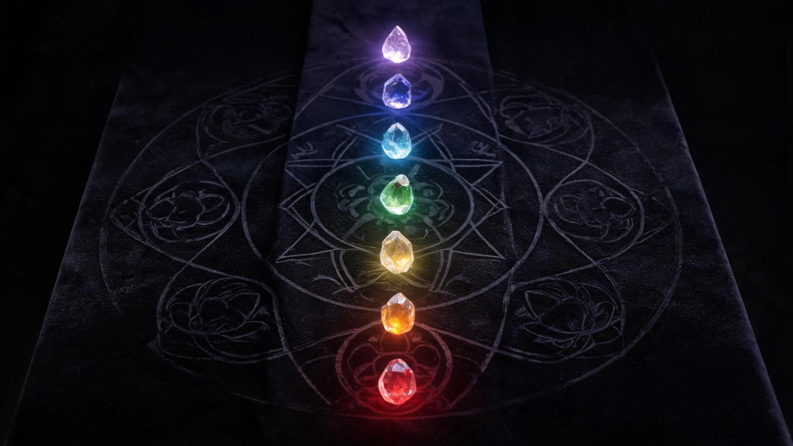 Mystical aura reading table with luminous chakra colors and soft sacred geometry