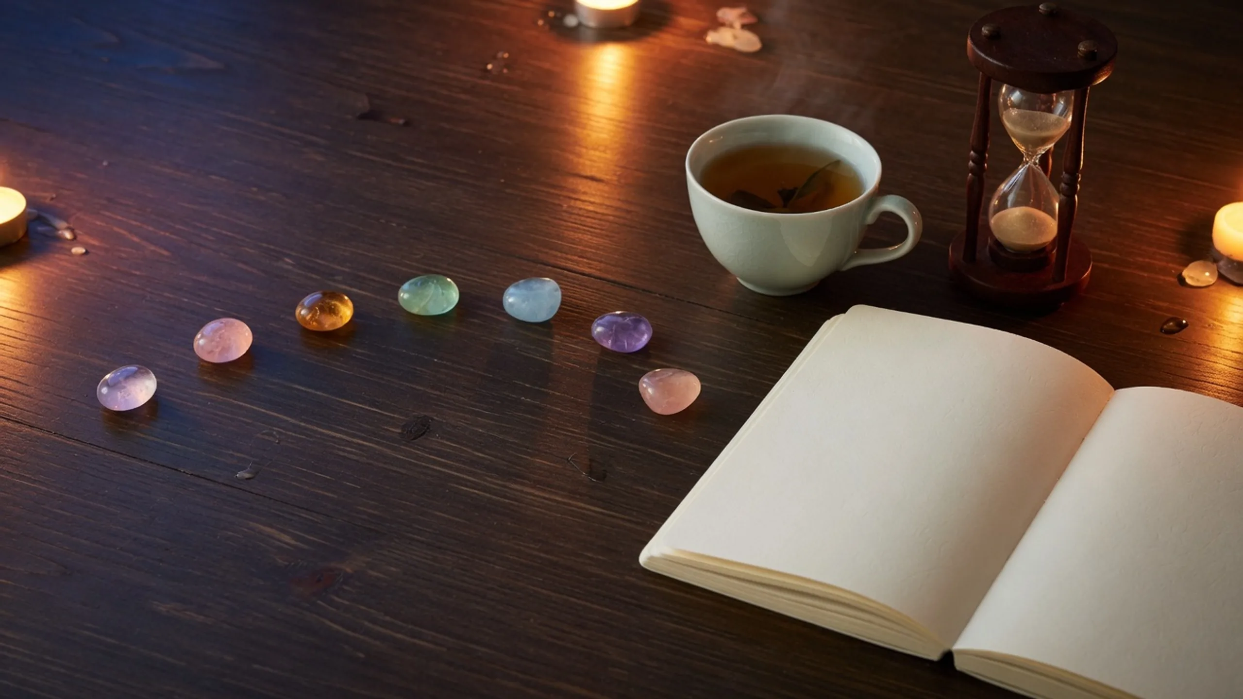 Seven small colored stones beside a blank journal, tea, and hourglass