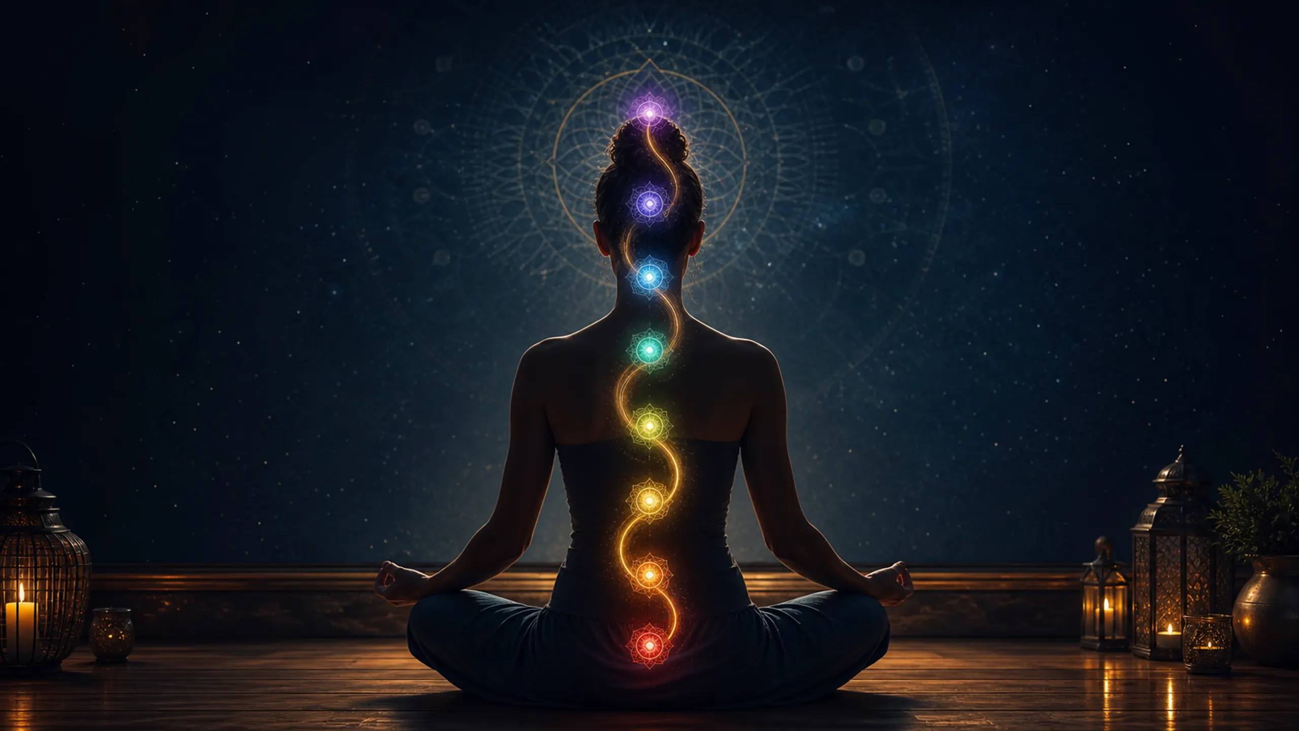 Golden current rising through seven chakra lights along the back of a grounded seated figure