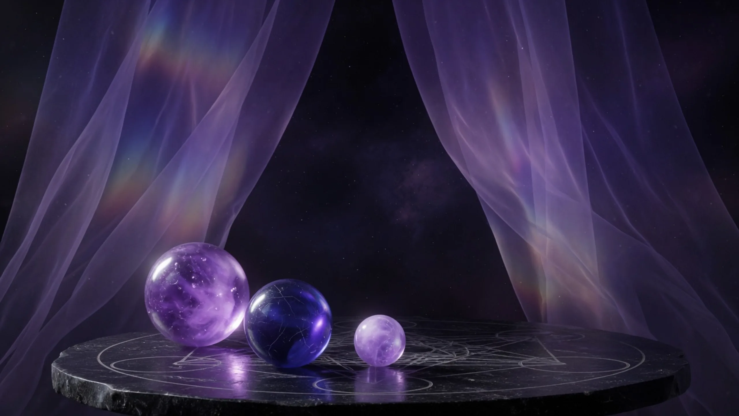 Three luminous orbs in violet, indigo, and lavender on a dark stone table