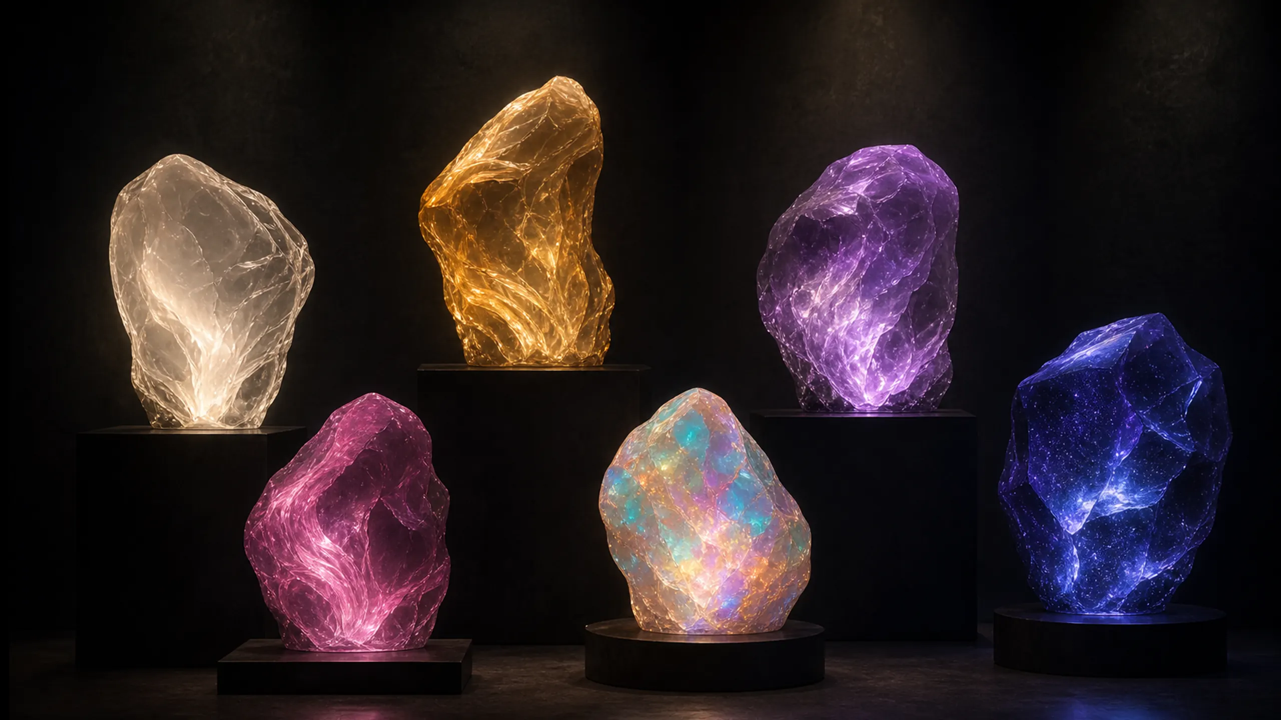 Gallery of pearl white, gold, violet, magenta, opalescent, and deep indigo luminous forms