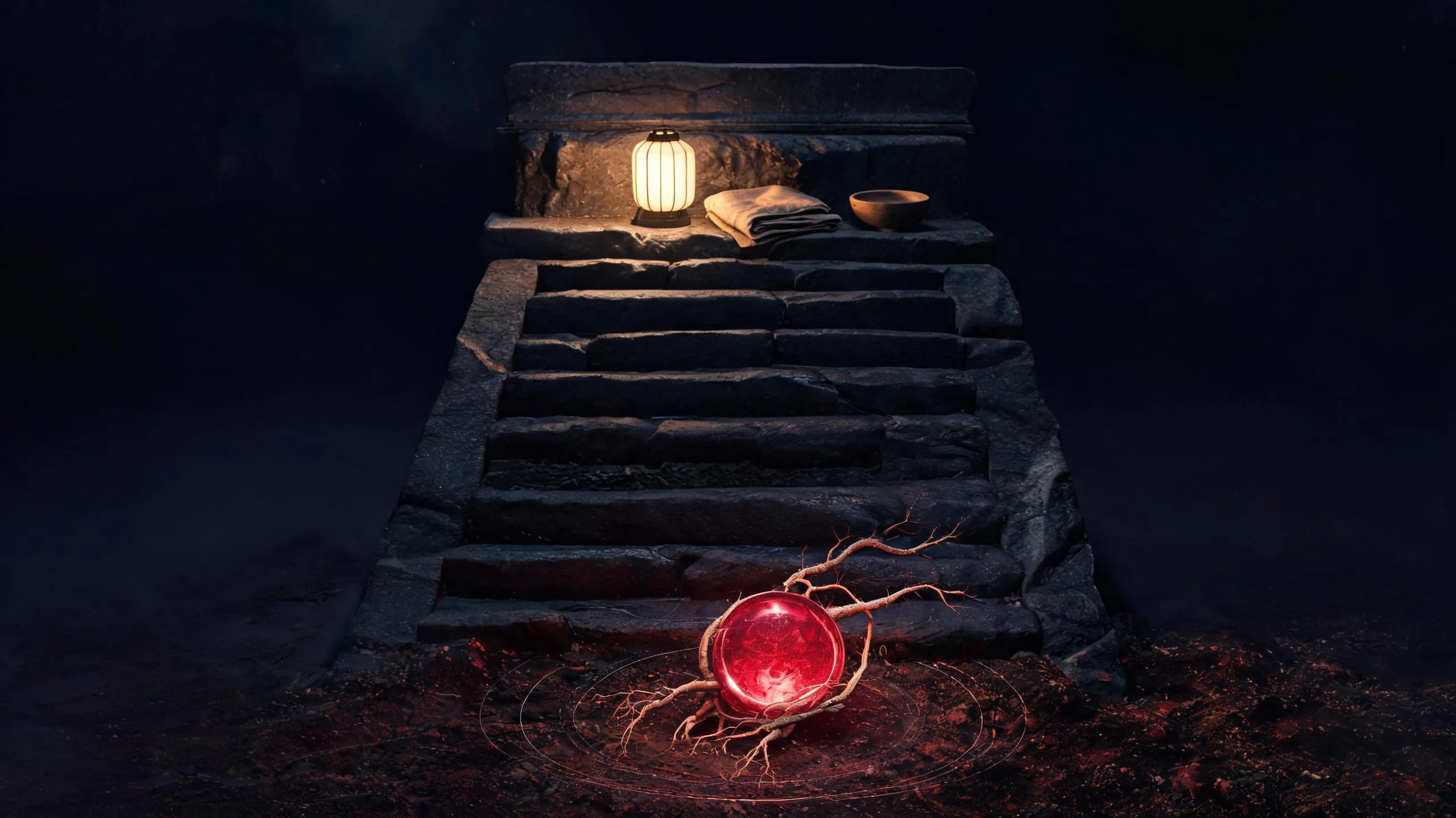 Ruby glass sphere held by roots below a lantern-lit stone threshold