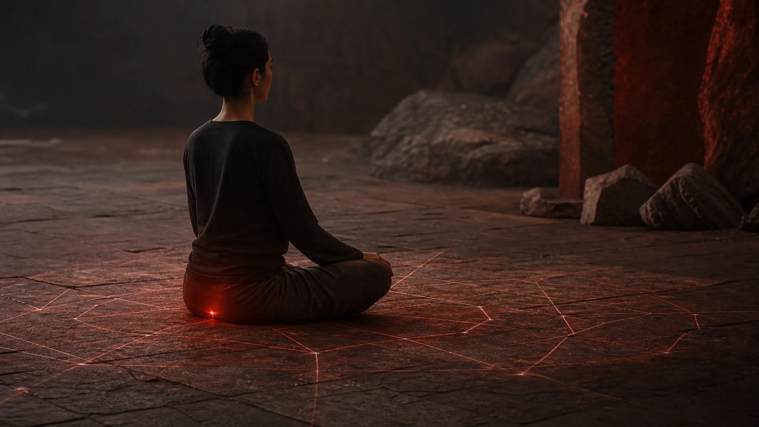Grounded seated figure with a restrained red light at the base and lines extending across stone
