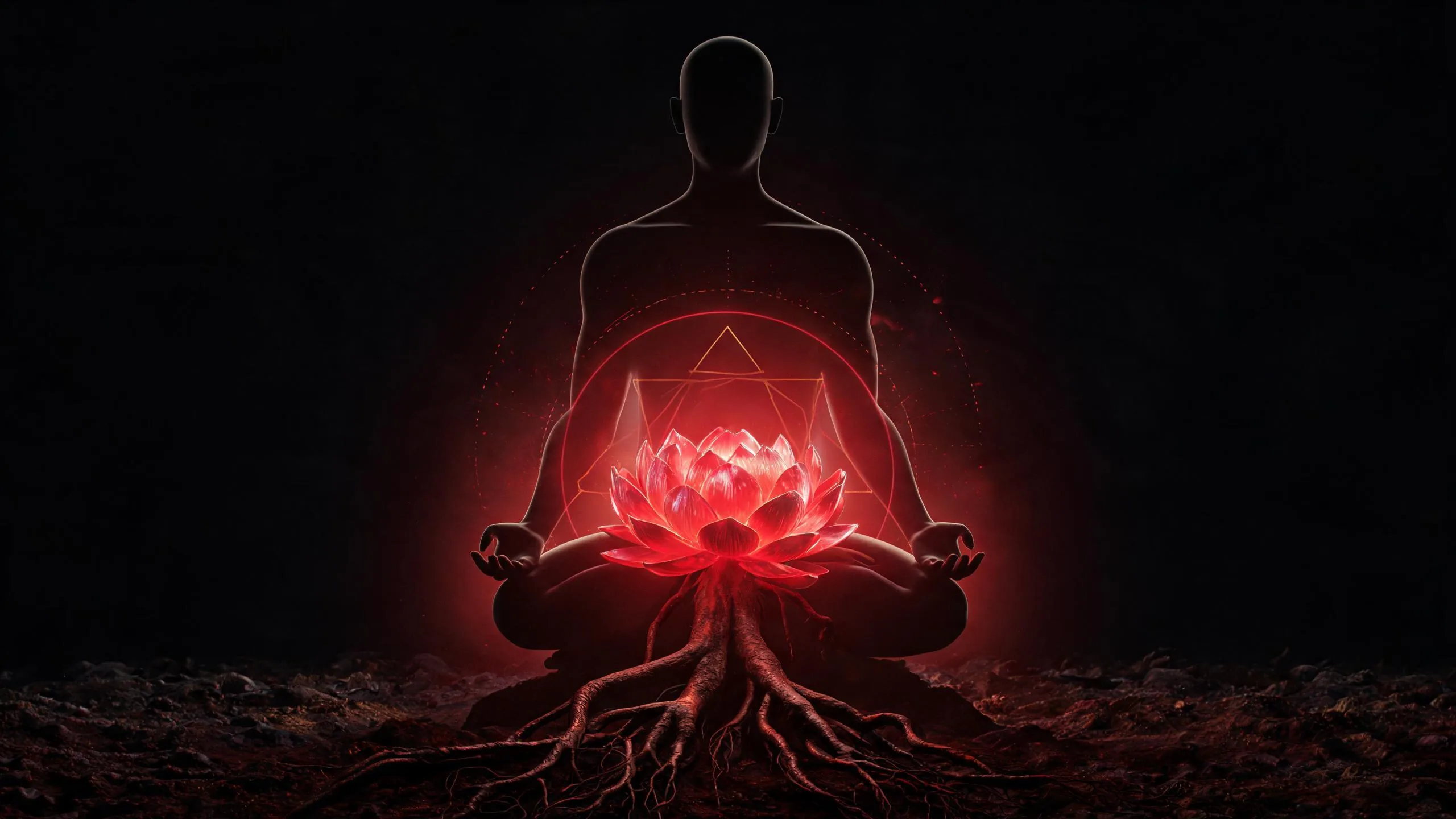 Root chakra Muladhara symbol glowing red at the base of a meditative figure