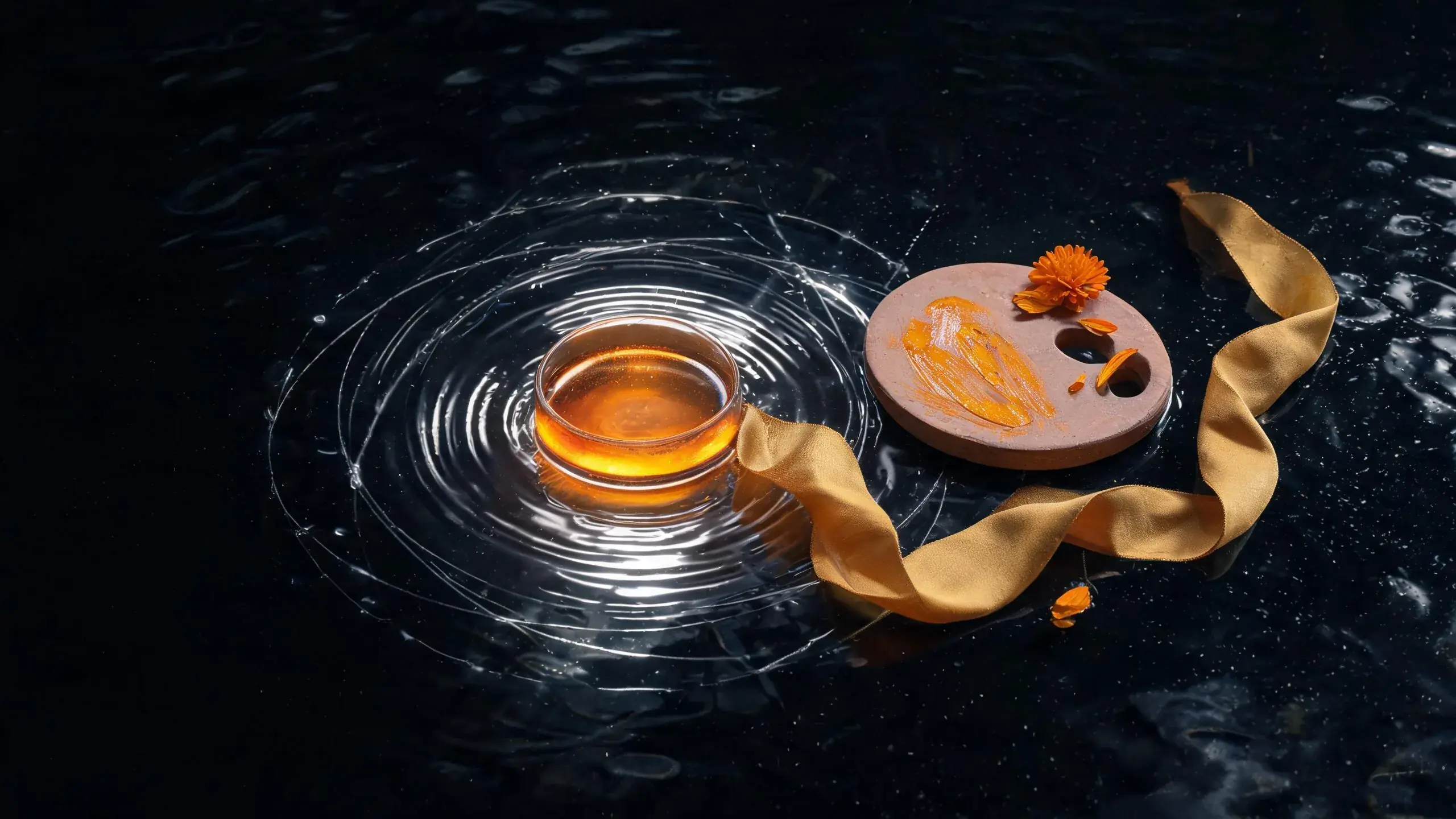 Amber glass, water ripples, saffron ribbon, paint, and marigold petals