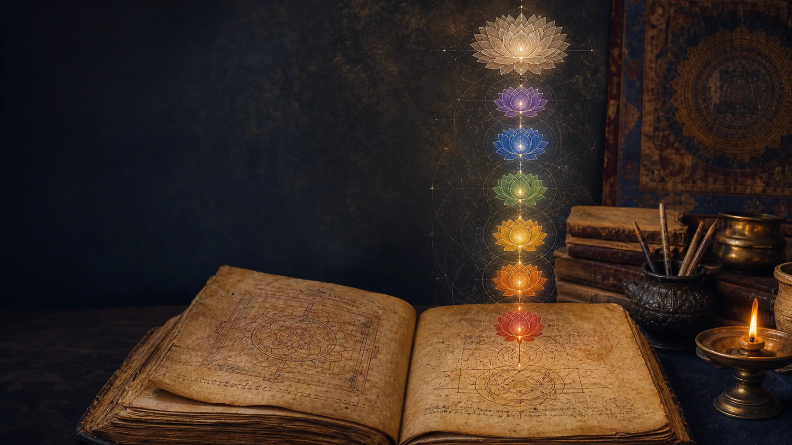 Historical Sanskrit manuscript with six luminous lotus centers and a thousand-petalled lotus above