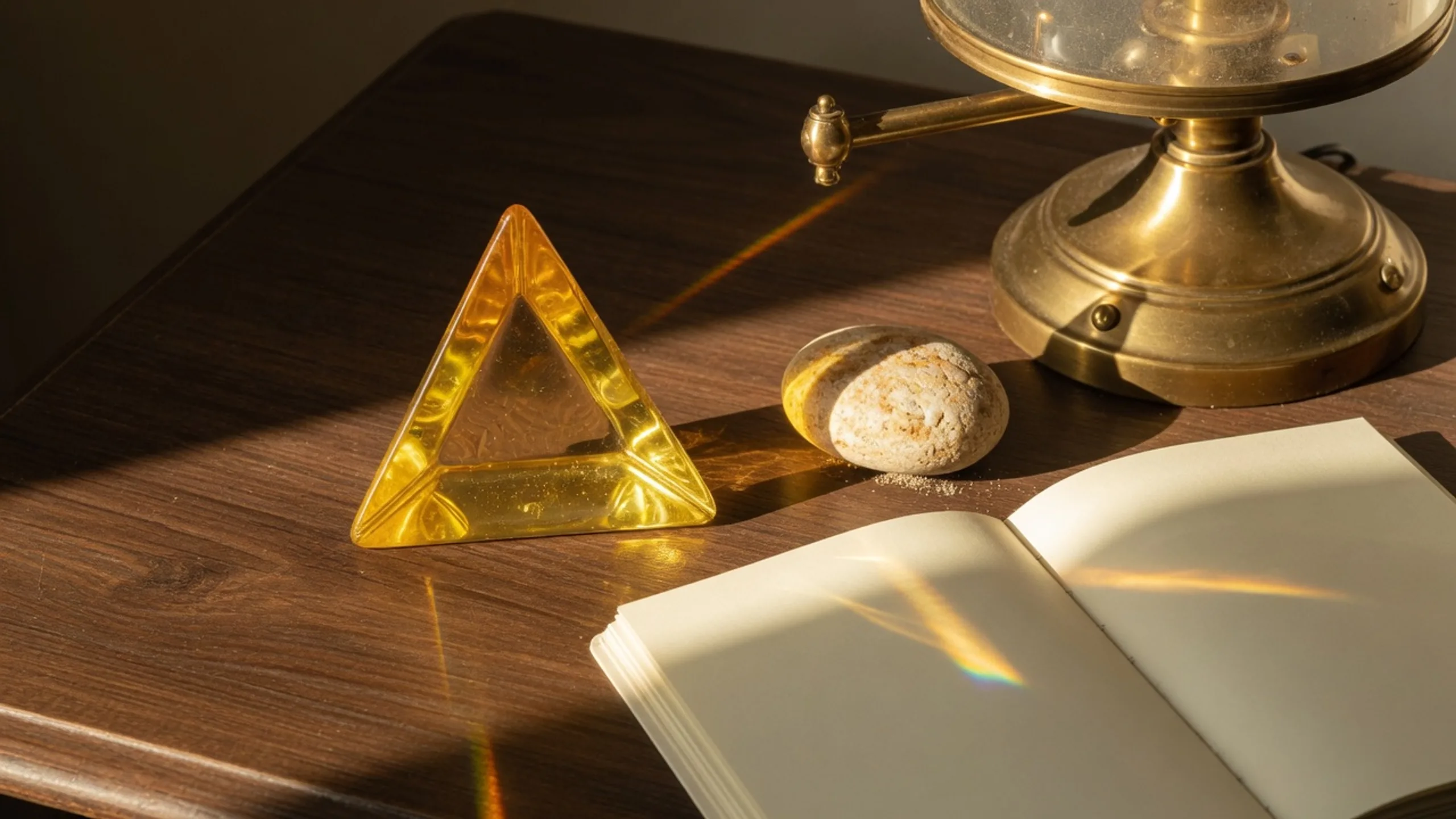 Yellow glass triangle and a sunlit stone beside a blank notebook on a wooden desk