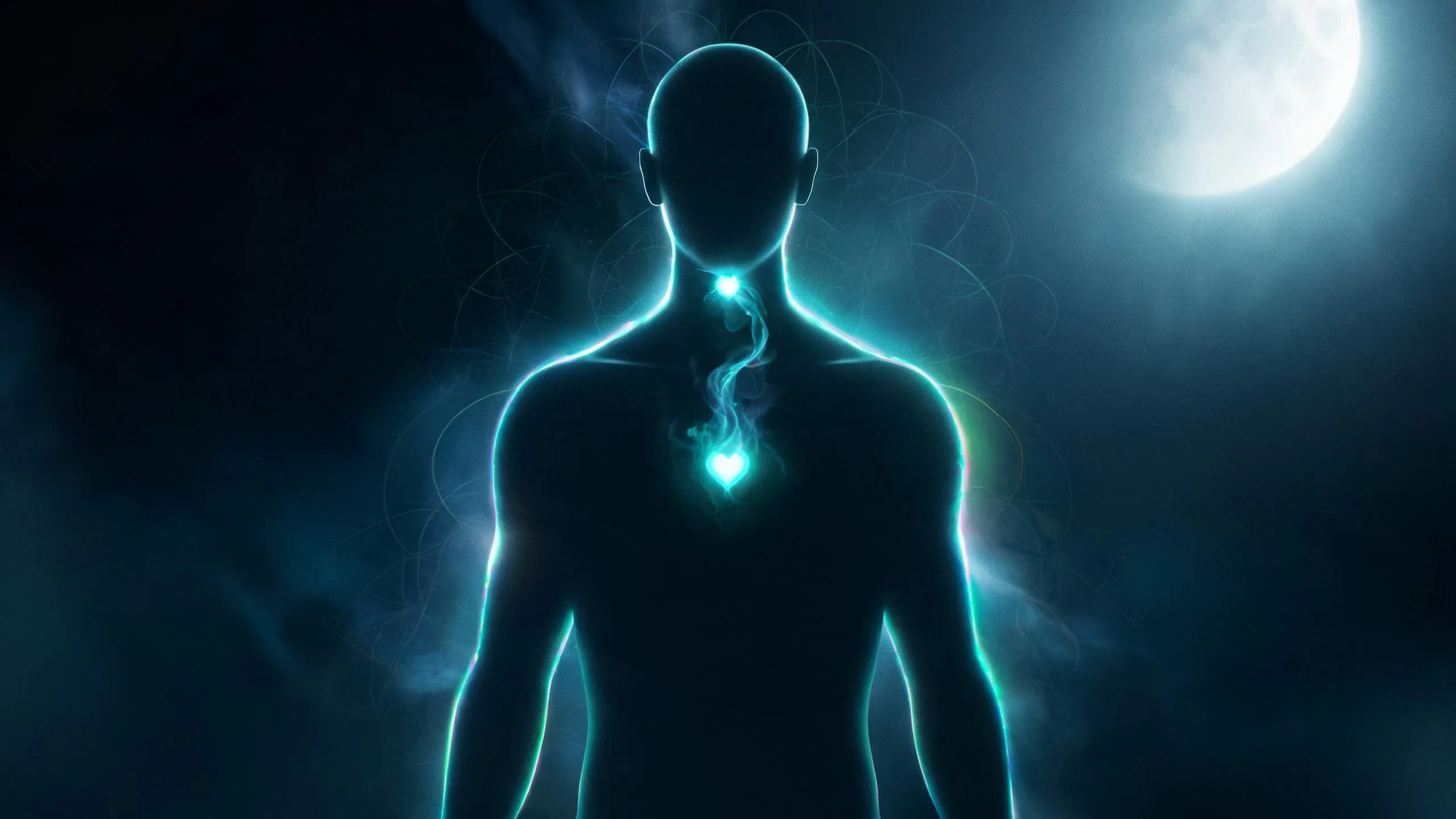A teal aura as soft light around a calm silhouette, with heart and throat symbolism