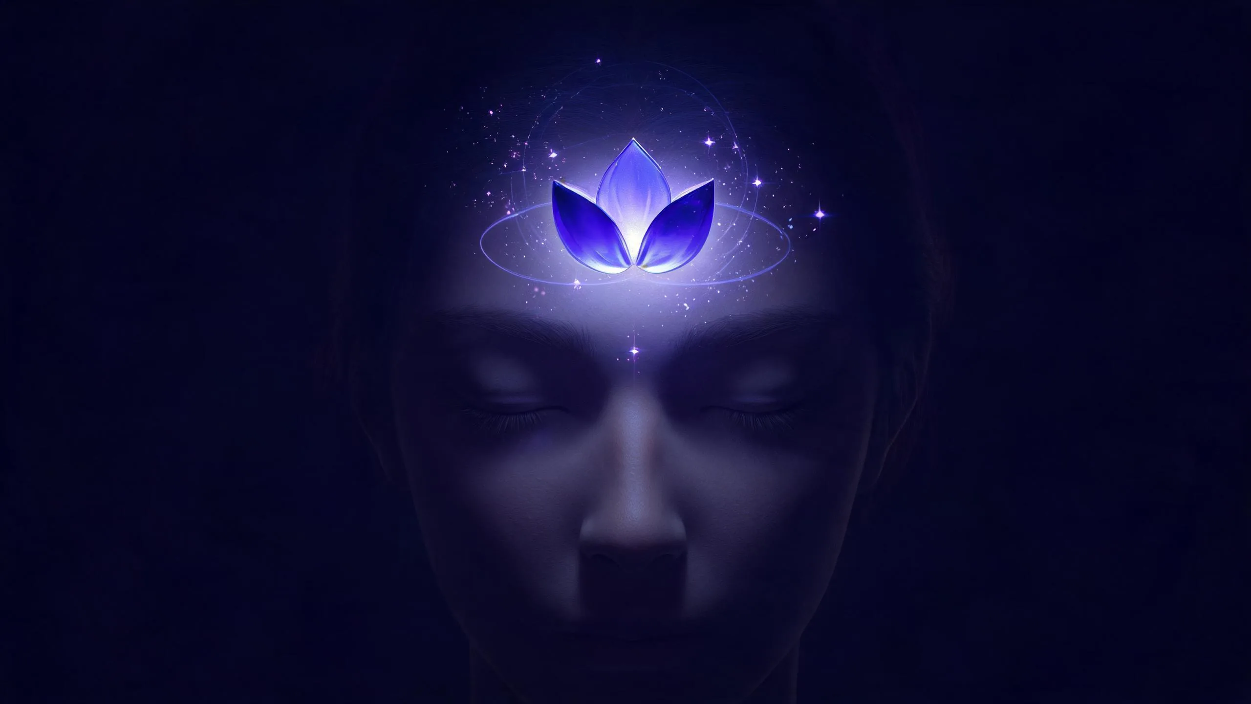 Third eye chakra Ajna symbol in indigo light with a subtle two-petalled lotus