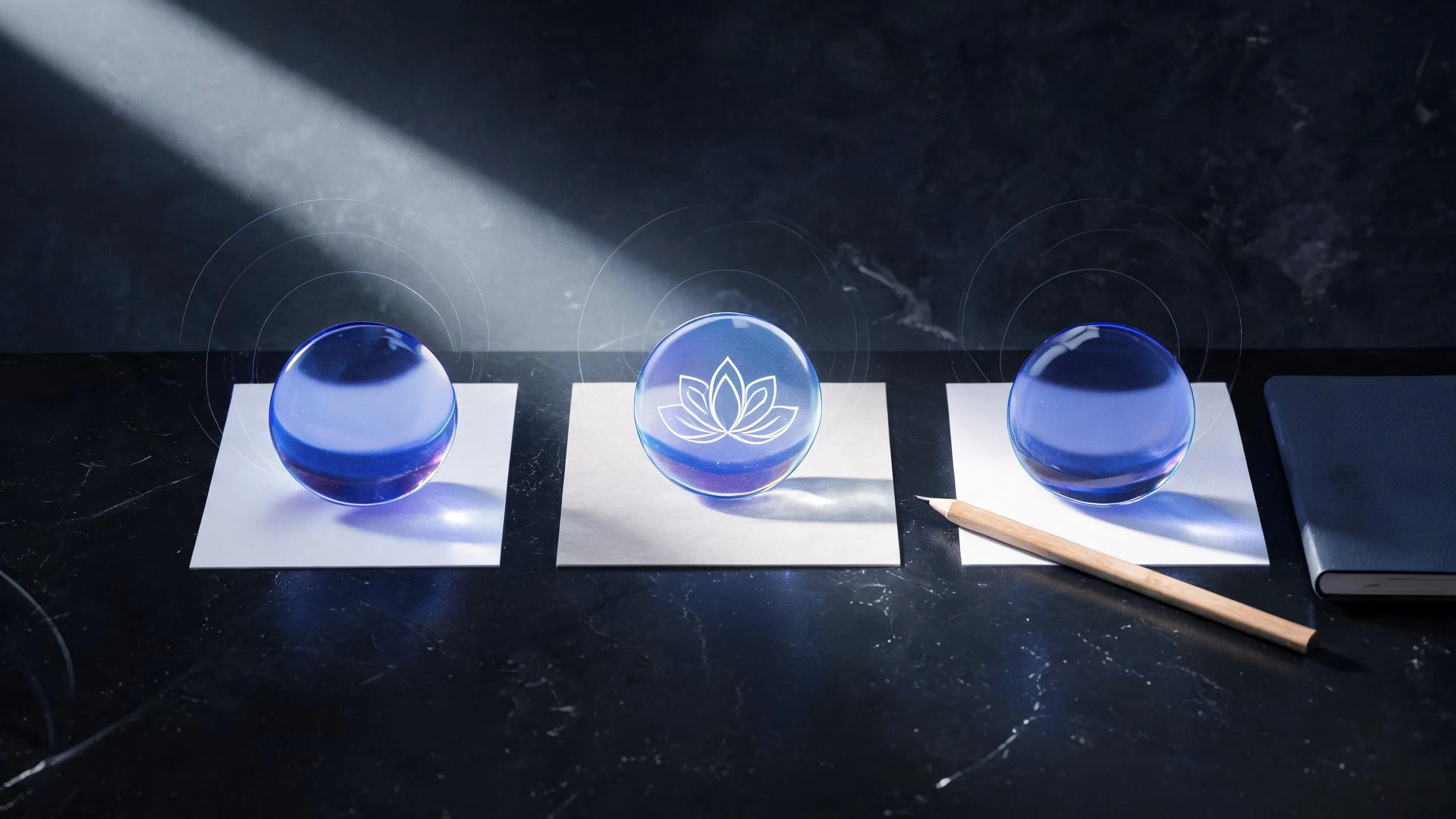 Three indigo glass lenses arranged for fact, intuition, and imagination