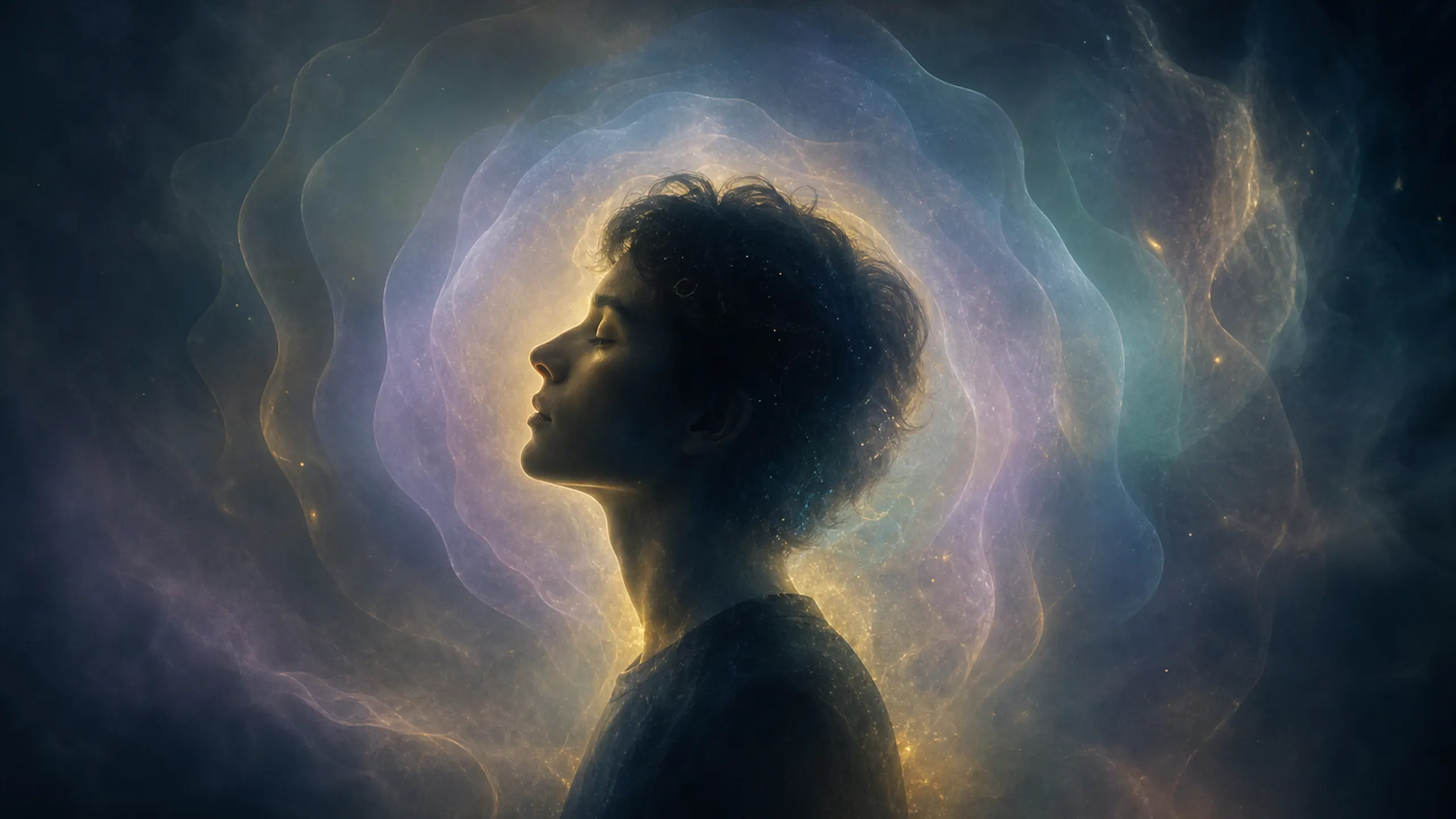 Quiet human profile surrounded by translucent teal, violet, and gold atmospheric layers